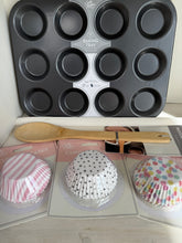 Load image into Gallery viewer, Baking Essentials Bundle | 12 Cup Muffin Tray, Wooden Spoon &amp; Cupcake Cases | Cake Baking Gift Set