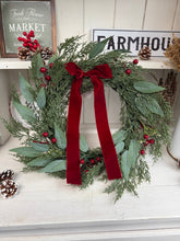 Load image into Gallery viewer, Christmas Wreath 50cm – Red Berry &amp; Velvet Bow Festive Door Wreath