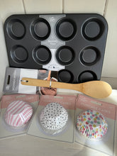 Load image into Gallery viewer, Baking Essentials Bundle | 12 Cup Muffin Tray, Wooden Spoon &amp; Cupcake Cases | Cake Baking Gift Set