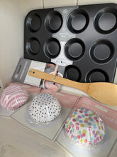 Load image into Gallery viewer, Baking Essentials Bundle | 12 Cup Muffin Tray, Wooden Spoon &amp; Cupcake Cases | Cake Baking Gift Set