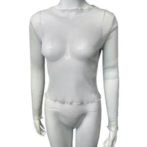 Sexy Mesh Shiny Long Sleeve T Shirt Women Spring Transparent Club Party Black Tee Shirts Sexy Thin O Neck Short Tops