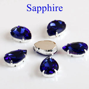 Glass Rhinestones! Drop Shape Diamond With Claw Sew On Teardrop Strass Metal Base Buckle Crystal Stone For Clothes