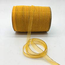 Load image into Gallery viewer, 10yds/lot 3/8&quot; 10mm White Glitter Golden Rimmed Organza Ribbon Bow Hair Wedding Decoration Lace Crafts