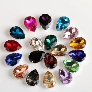 Glass Rhinestones! Drop Shape Diamond With Claw Sew On Teardrop Strass Metal Base Buckle Crystal Stone For Clothes