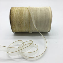 Load image into Gallery viewer, 10yds/lot 3/8&quot; 10mm White Glitter Golden Rimmed Organza Ribbon Bow Hair Wedding Decoration Lace Crafts