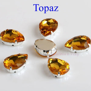Glass Rhinestones! Drop Shape Diamond With Claw Sew On Teardrop Strass Metal Base Buckle Crystal Stone For Clothes