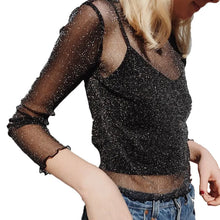 Load image into Gallery viewer, Sexy Mesh Shiny Long Sleeve T Shirt Women Spring Transparent Club Party Black Tee Shirts Sexy Thin O Neck Short Tops