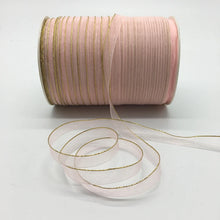 Load image into Gallery viewer, 10yds/lot 3/8&quot; 10mm White Glitter Golden Rimmed Organza Ribbon Bow Hair Wedding Decoration Lace Crafts