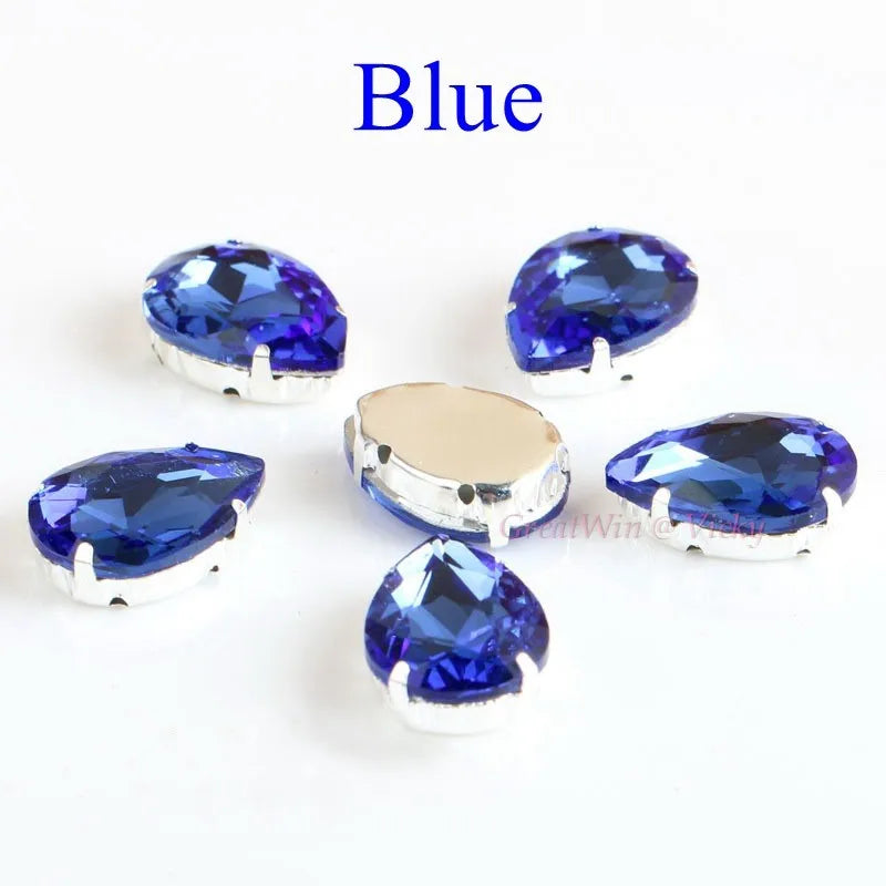 Glass Rhinestones! Drop Shape Diamond With Claw Sew On Teardrop Strass Metal Base Buckle Crystal Stone For Clothes