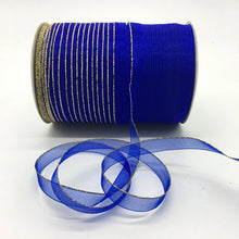 Load image into Gallery viewer, 10yds/lot 3/8&quot; 10mm White Glitter Golden Rimmed Organza Ribbon Bow Hair Wedding Decoration Lace Crafts