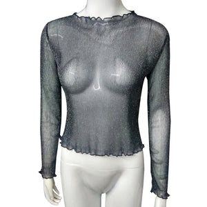 Sexy Mesh Shiny Long Sleeve T Shirt Women Spring Transparent Club Party Black Tee Shirts Sexy Thin O Neck Short Tops