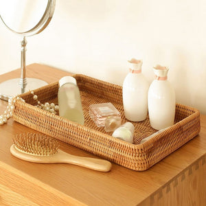 Hand-Woven Storage Basket Rattan Storage Tray Wicker Baskets Bread Fruit Food Breakfast Display Box Home Decoration-C