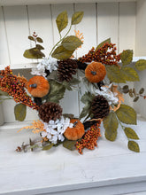 Load image into Gallery viewer, Large 55cm autumn pumpkin door wreath with pinecones berries white flowers and foliage