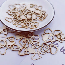 Load image into Gallery viewer, 100pcs 15mm Mini Wood Natural Hollow Love Heart Cutout Wooden DIY Arts Crafts Valentine&#39;s Day Wedding Table Confetti Decorations