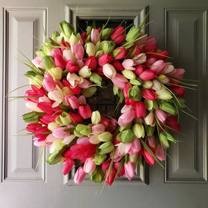 Simulation Pink Tulip Wreath Wedding Decoration Wall Hanging Wreath Artificial Flowers Wreath Spring Decor For Door Garden