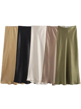 Load image into Gallery viewer, Willshela Women Fashion Satin Solid Pleated Midi Skirt Vintage Mid Elastic Waist Female Chic Lady Skirts