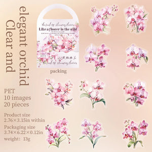 20 Pcs PET Pink flowers Stickers Transparent Deco Decals For Scrapbooking Stick Labels Junk Journal Supplies