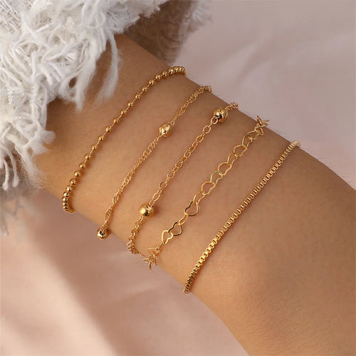 5pcs/Set Simple Style Thin Chain Bracelet Set Elegant Hand Love Hollow Beaded Chain Bracelet Chain Jewelry Decoration Daily Wear
