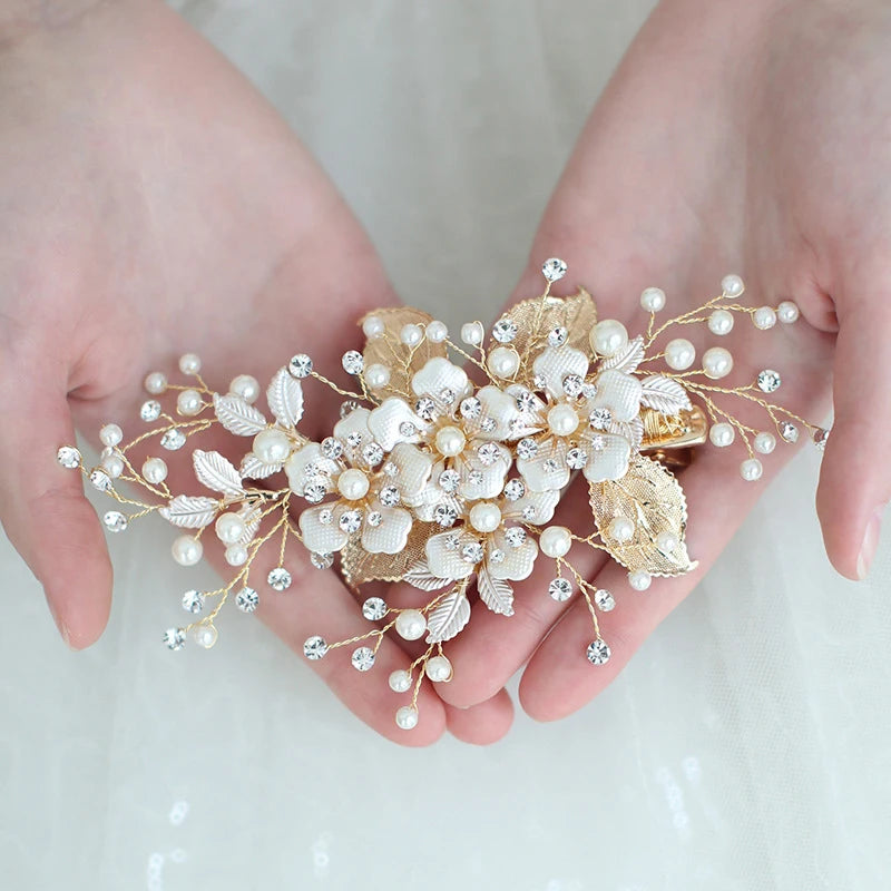 Trendy Flower Wedding Hair Accessories Pearl Rhinestone Hairpin Headdress Handmade Bridal Tiara Jewelry Woman Prom Hair Jewelry