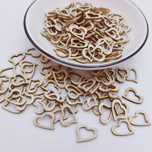 Load image into Gallery viewer, 100pcs 15mm Mini Wood Natural Hollow Love Heart Cutout Wooden DIY Arts Crafts Valentine&#39;s Day Wedding Table Confetti Decorations