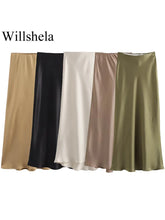 Load image into Gallery viewer, Willshela Women Fashion Satin Solid Pleated Midi Skirt Vintage Mid Elastic Waist Female Chic Lady Skirts