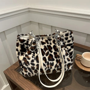 Vintage Fashion Leopard Print Versatile Winter New Women's Bags Lady Plush Texture Temperament Generous Handbag Shoulder