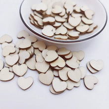 Load image into Gallery viewer, 100pcs 15mm Mini Wood Natural Hollow Love Heart Cutout Wooden DIY Arts Crafts Valentine&#39;s Day Wedding Table Confetti Decorations