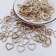 Load image into Gallery viewer, 100pcs 15mm Mini Wood Natural Hollow Love Heart Cutout Wooden DIY Arts Crafts Valentine&#39;s Day Wedding Table Confetti Decorations