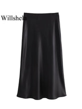 Load image into Gallery viewer, Willshela Women Fashion Satin Solid Pleated Midi Skirt Vintage Mid Elastic Waist Female Chic Lady Skirts