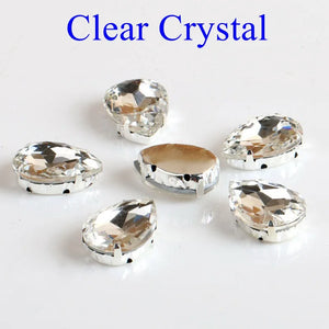 Glass Rhinestones! Drop Shape Diamond With Claw Sew On Teardrop Strass Metal Base Buckle Crystal Stone For Clothes