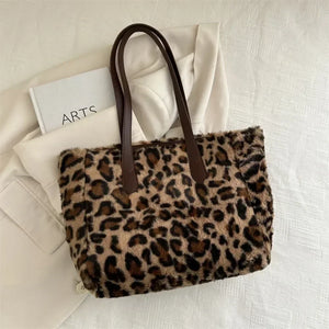 Vintage Fashion Leopard Print Versatile Winter New Women's Bags Lady Plush Texture Temperament Generous Handbag Shoulder