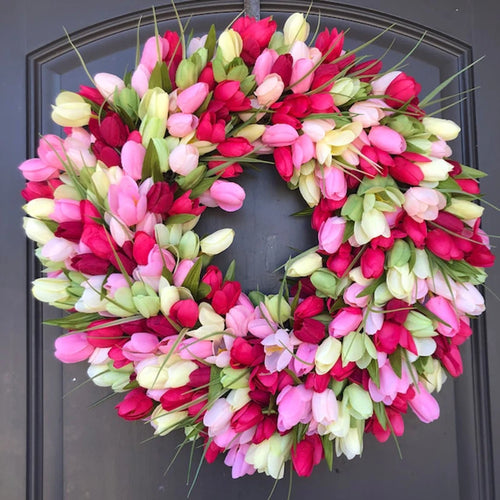 Simulation Pink Tulip Wreath Wedding Decoration Wall Hanging Wreath Artificial Flowers Wreath Spring Decor For Door Garden