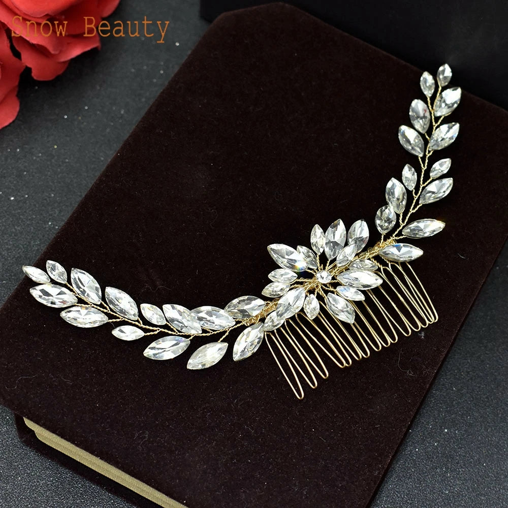 A83 Fashion Wedding Hair Accessories Alloy Leaves Bridal Hair Clips for Women Headpieces Handmade Rhinestone Bride Headdress