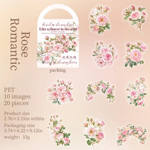 20 Pcs PET Pink flowers Stickers Transparent Deco Decals For Scrapbooking Stick Labels Junk Journal Supplies