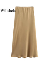 Load image into Gallery viewer, Willshela Women Fashion Satin Solid Pleated Midi Skirt Vintage Mid Elastic Waist Female Chic Lady Skirts