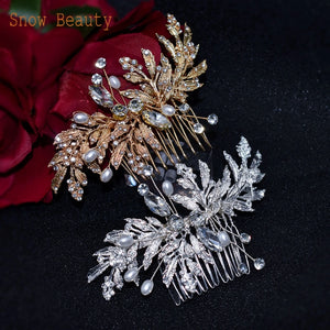 A83 Fashion Wedding Hair Accessories Alloy Leaves Bridal Hair Clips for Women Headpieces Handmade Rhinestone Bride Headdress