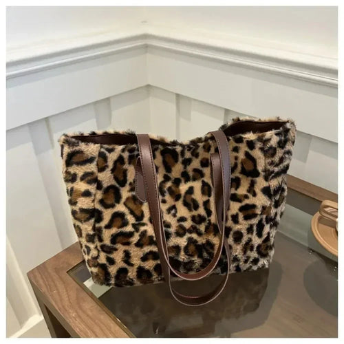 Vintage Fashion Leopard Print Versatile Winter New Women's Bags Lady Plush Texture Temperament Generous Handbag Shoulder