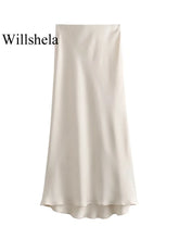 Load image into Gallery viewer, Willshela Women Fashion Satin Solid Pleated Midi Skirt Vintage Mid Elastic Waist Female Chic Lady Skirts