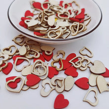 Load image into Gallery viewer, 100pcs 15mm Mini Wood Natural Hollow Love Heart Cutout Wooden DIY Arts Crafts Valentine&#39;s Day Wedding Table Confetti Decorations
