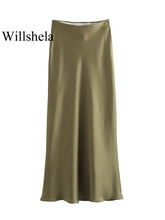 Load image into Gallery viewer, Willshela Women Fashion Satin Solid Pleated Midi Skirt Vintage Mid Elastic Waist Female Chic Lady Skirts